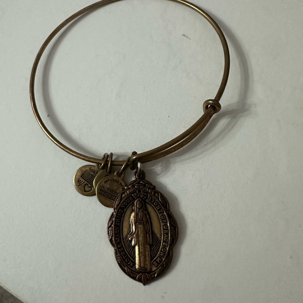 Alex and Ani Gold Bangle Bracelet with Virgin Mary Religious Charm